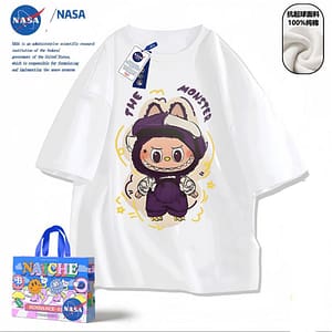 NASA joint brand Labubu cartoon trendy brand peripheral short-sleeved T-shirt for men and women in summer loose half-sleeved